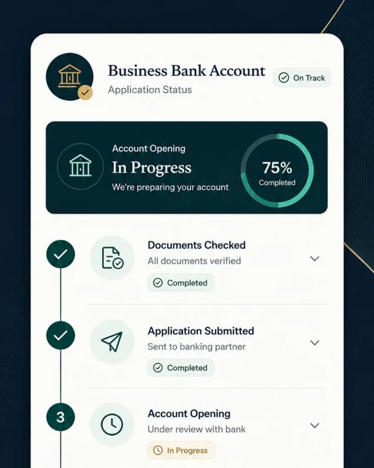 Business bank account application status card